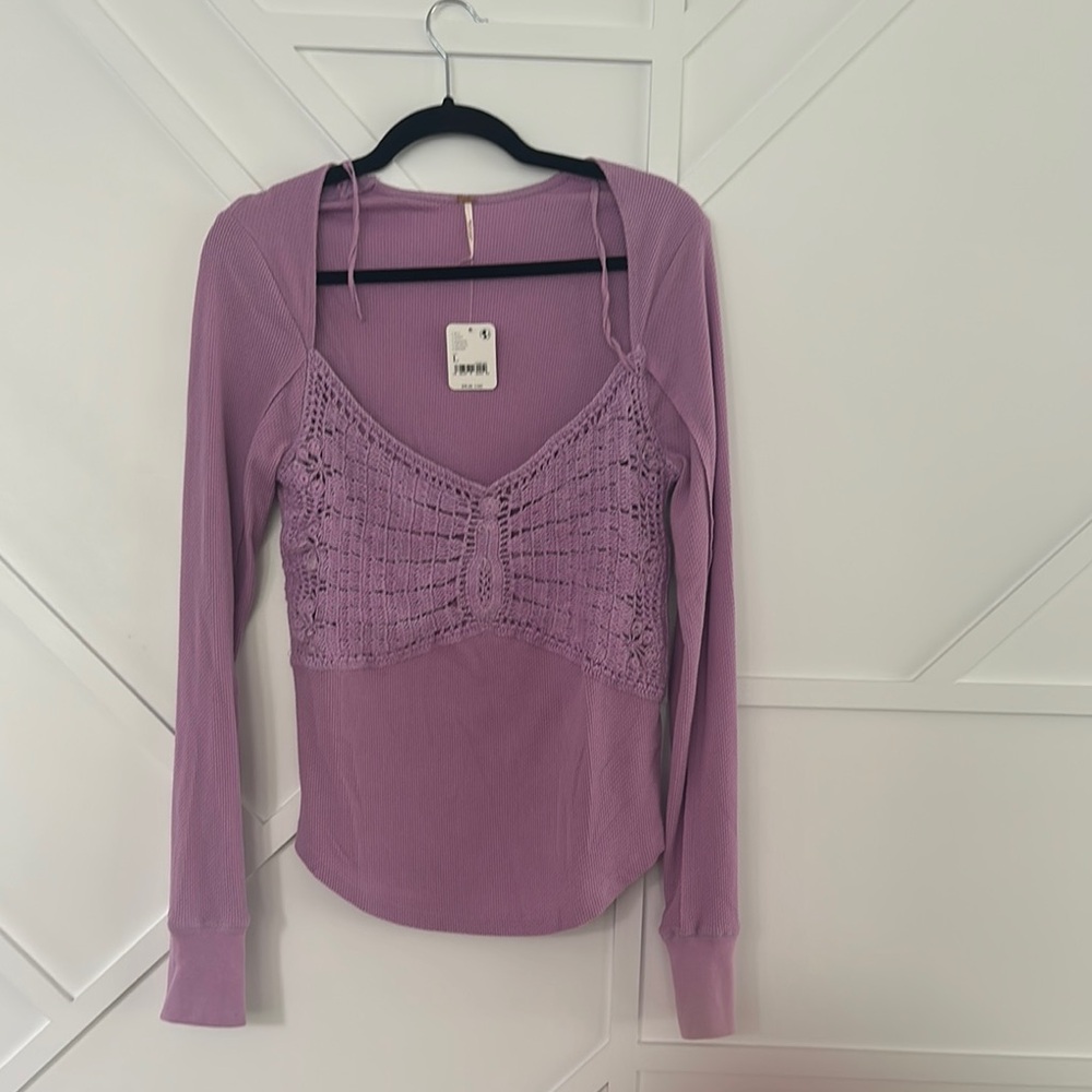 Free People Lavender Crochet Long Sleeve Top